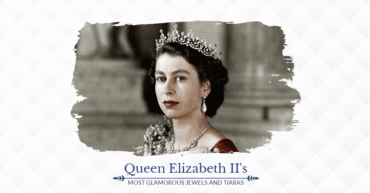 Feature image of our blog which lists Queen Elizabeth II’s jewelry collection. It includes her famous crowns, tiaras, necklaces, and gems.