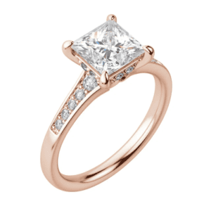 Princess cut diamond ring in rose gold.