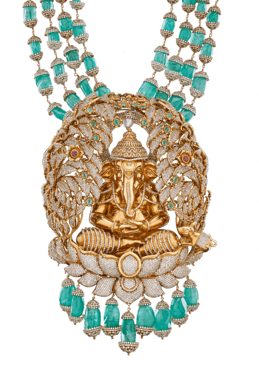 ganesh pendent studded with diamonds and emeralds.