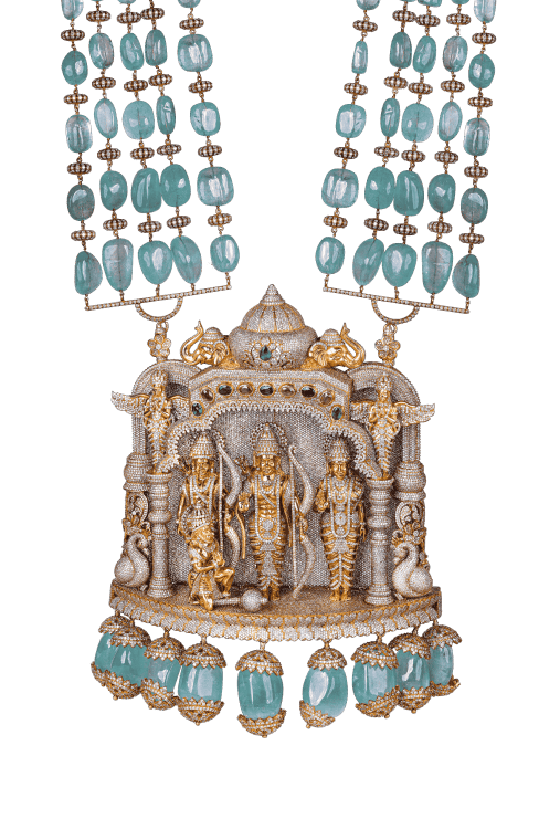 Ram darbar pendant studded with diamonds and emeralds